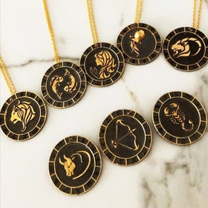 Zodiac Necklace 18K Gold Plated Vintage Horoscope Pendant Astrological Sign Disk Necklace Gift for Her