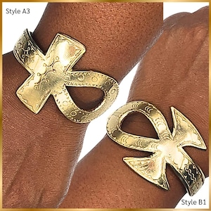 Handcrafted Solid Brass Ankh Cuff Bracelets with Hand-Etched Designs