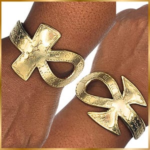 Set of 6 Handcrafted Solid Brass Ankh Cuff Bracelets with Hand-Etched Designs