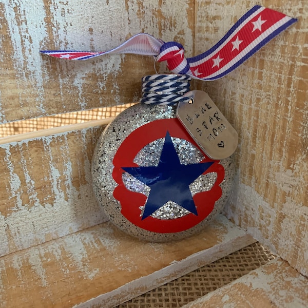 Blue Star Mom Glass Disc Ornament with Dog Tag