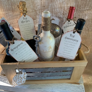 Custom Wedding Gift Wine Basket with Marriage Milestone Poem Tags and Custom Designed Decorative Wine Bottle Centerpiece, Bridal Shower Gift