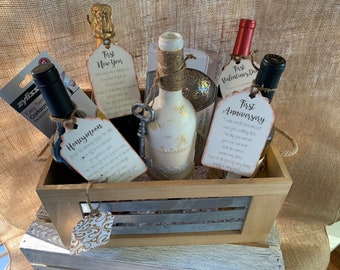 Custom Wedding Gift Wine Basket with Marriage Milestone Poem Tags and Custom Designed Decorative Wine Bottle Centerpiece, Bridal Shower Gift