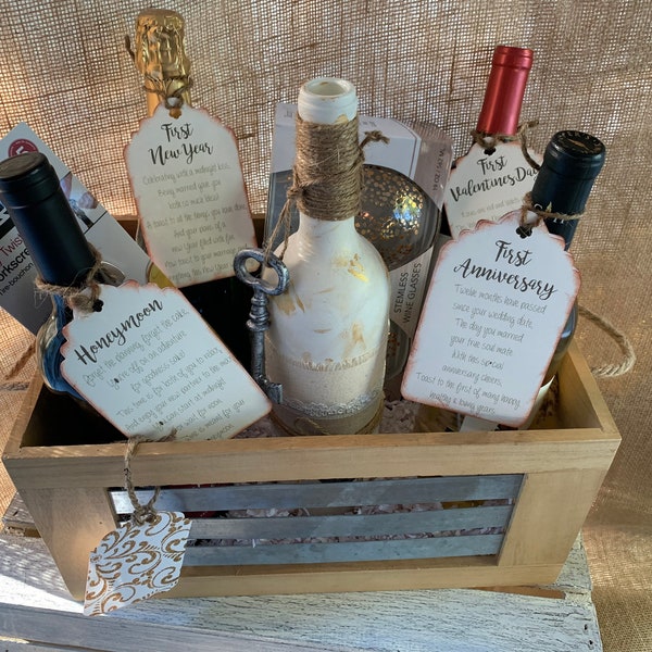 Custom Wedding Gift Wine Basket with Marriage Milestone Poem Tags and Custom Designed Decorative Wine Bottle Centerpiece, Bridal Shower Gift