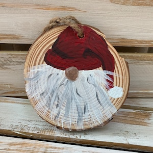 Rustic Painted Gnome Wood Slice Christmas Ornament