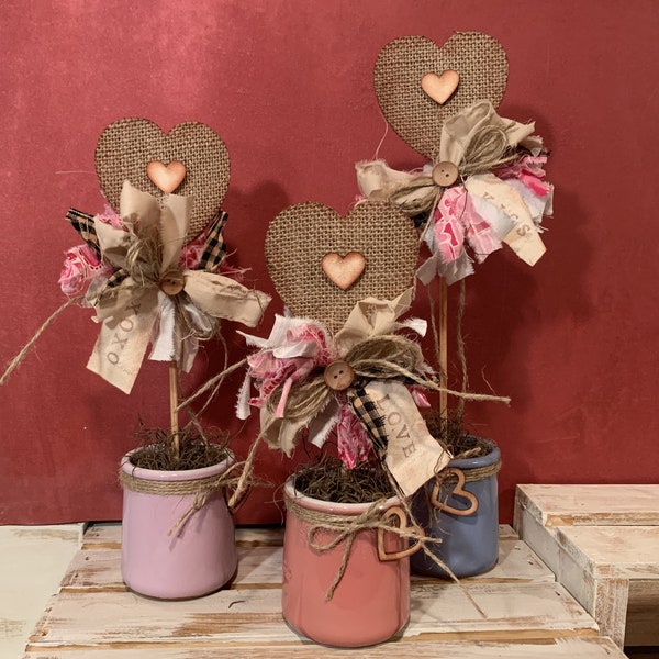 Burlap Heart Flower Pots, Farmhouse Valentine's Day Decor, Set of Three