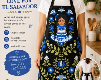 El Salvador Apron: Black Floral Folklore, Central American Gift