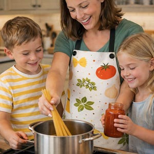 Pode incluir: Uma família prepara uma refeição na cozinha. Uma pessoa com um avental branco com ilustrações de comida adiciona espaguete a uma panela. Uma criança segura um pote de molho de tomate e outra criança observa. Tomates frescos e manjericão estão na bancada.