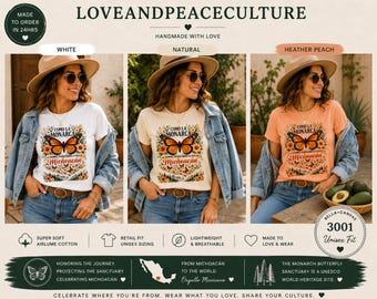 Könnte beinhalten: Drei T-Shirts in Weiß, Natur und Heather Peach, jeweils mit einem Monarchfalter-Design und Text. Die Shirts gehören zur "Love and Peace Culture"-Kollektion, hergestellt aus weichem, atmungsaktivem Stoff und in Unisex-Passform.