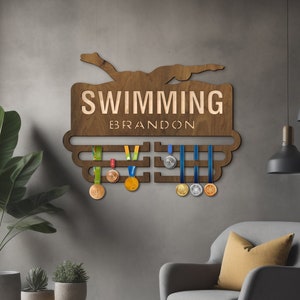 Personalized swimming medal holder, Swimming medal holder wood, Swimming medal hanger display, Swimming medal rack, Medal holder with name