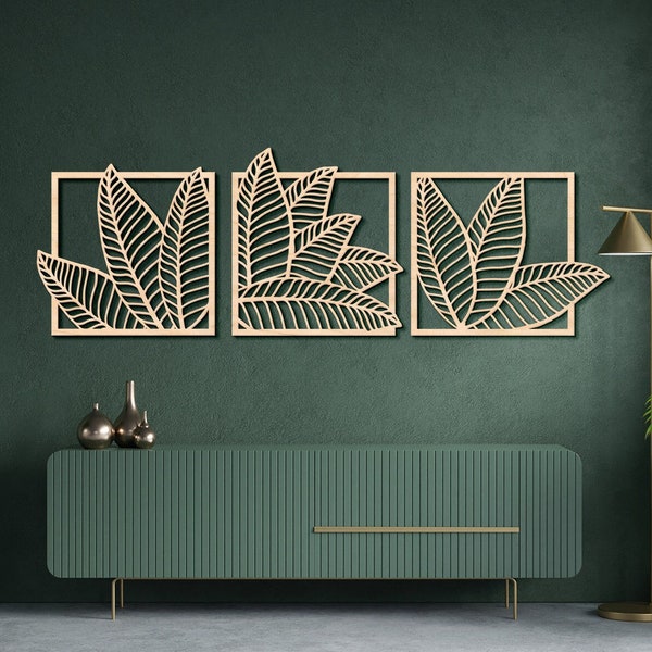 Palm leaf wall art, Leaves wall hanging, Banana leaf wall decor, Wood panel wall art, Set of 3 wall art nature, Boho leaf wall art