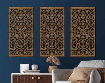 Moroccan panel, Arabic wall art, 3 panel wall decor, Wooden Lattice, Boho wood wall art, Wood wall decor panel, Wood panel mandala