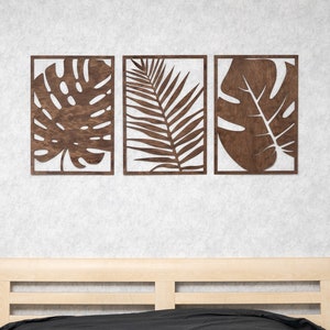 Tropical Leaves Wall Art, Monstera Wall Art, Palm Leaf Wall Art, 3 Panel Wood Art,Floral Wall Art Set of 3,Leaves Wall Decor,Jungle Wall Art
