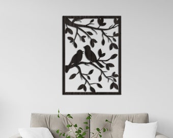 Decoración de pájaros en una pared de rama, Decoración de pared de pájaros, Decoración de arte de pared de madera, Sala de estar de decoración de pared de madera, Decoración de pared cortada con láser