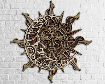 太陽と月の装飾、月の顔、木製の太陽の顔、木製の太陽と月の壁アート