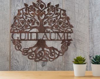 Art mural arbre de vie en bois, panneau en bois du nom de famille rond, art mural en bois d&#39;arbre, arbre d&#39;art mural en bois, panneau de nom de famille en bois
