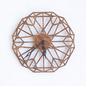 May include: A brown wooden clock with a geometric design. The clock has black hands and a simple face.