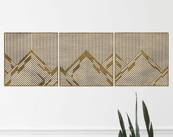 Mountain wood wall art, Geometric wood wall decor, Wood panel wall art, Geometric lines wall art, Mountain line art, Set of 3 panels