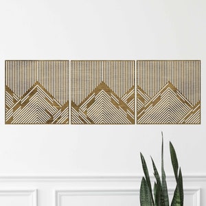 Arte mural de madera de montaña, Decoración de pared de madera geométrica, Arte mural de paneles de madera, Arte mural de líneas geométricas, Arte de líneas de montaña, Juego de 3 paneles