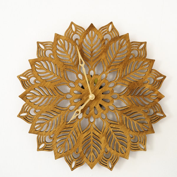 Mandala Wall Clock, Leaf wall clock, Floral wall clock, Wooden wall clock, Nature wall clock, Wall clock unique, Modern wall clock