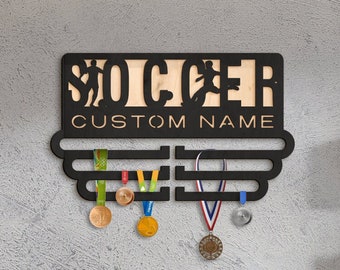 Soccer medal holder with name, Personalized medal rack, Football medal hanger, Soccer medal rack, Medal display wall, Soccer medal display