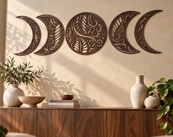 Moon Phase Wall Art, Walnut Plywood Lunar Decor, Celestial Boho Wall Hanging, Floral Moon Phase Set