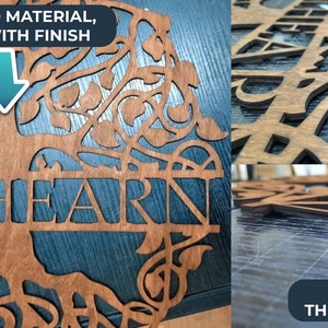 May include: A wooden family tree wall decor with the name "Mulhearn" carved into the trunk. The tree is made of plywood and has a brown stain finish. The plywood is 4 mm thick.
