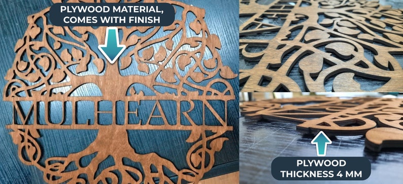 May include: A wooden family tree wall decor with the name "Mulhearn" carved into the trunk. The tree is made of plywood and has a brown stain finish. The plywood is 4 mm thick.