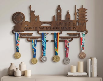 World Marathon Majors Medal Holder – Wooden Cityscape Display Rack