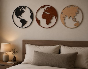 World Map Wall Decor Set of 3, Plywood Globe Wall Art, Travel Lover Gift, Modern Office Decor, Minimalist Home Accent