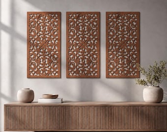 Moroccan panel, Arabic wall art, 3 panel wall decor, Wooden Lattice, Boho wood wall art, Wood wall decor panel, Wood panel mandala