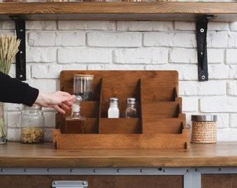 Wooden spice rack countertop, Wooden spice jar shelf, Spice jar holder, Spice storage cabinet, Spice organization, Tiered spice rack