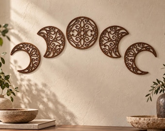 Moon Phase Wall Art, Plywood Celestial Wall Decor, 5 Piece Lunar Set, Boho Bedroom Decor