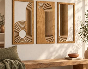 Plywood Geometric Wall Art Set of 3, Modern Abstract Panel Decor