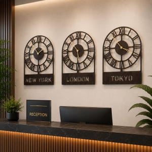Juego de 3 relojes industriales con husos horarios mundiales, decoración moderna para la pared de la oficina, decoración para la recepción de la oficina, reloj grande con números romanos, regalo para amantes de los viajes.
