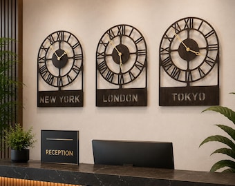 Set of 3 Industrial World Time Zone Clocks, Modern Office Wall Decor, Office Reception Decor, Large Roman Numeral Clock, Travel Lover Gift