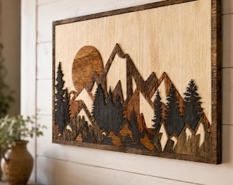 Handmade Mountain Wood Wall Art, Rustic Carving Decor, Living Room Piece
