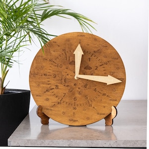 May include: A wooden clock with a whimsical design featuring a cat and a bunny. The clock face has numbers and markings for telling time, including 'quarter to', 'half past', and '20 past'. The clock hands are gold and point to the time of 1:35. The clock is on a small wooden stand.
