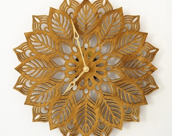 Mandala Wall Clock, Leaf wall clock, Floral wall clock, Wooden wall clock, Nature wall clock, Wall clock unique, Modern wall clock