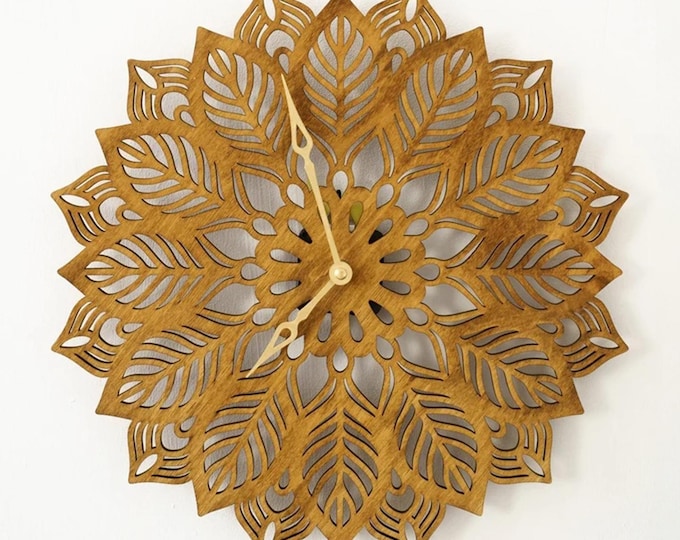 Mandala Wall Clock, Leaf wall clock, Floral wall clock, Wooden wall clock, Nature wall clock, Wall clock unique, Modern wall clock