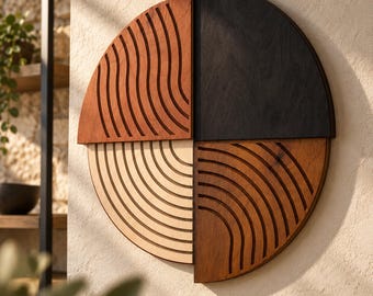 Arte mural geométrico en madera contrachapada, decoración mural moderna de mediados de siglo, escultura mural redonda, arte mural abstracto minimalista, decoración contemporánea para el hogar.