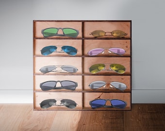Générique Wooden Sunglasses Rack, Eyewear Storage Display, 14.37 x 13.58 x 4.72 inch Compact Design, Sturdy Wood Construction, Multi-Functional Glasses Organizer for Home, Shop, Office