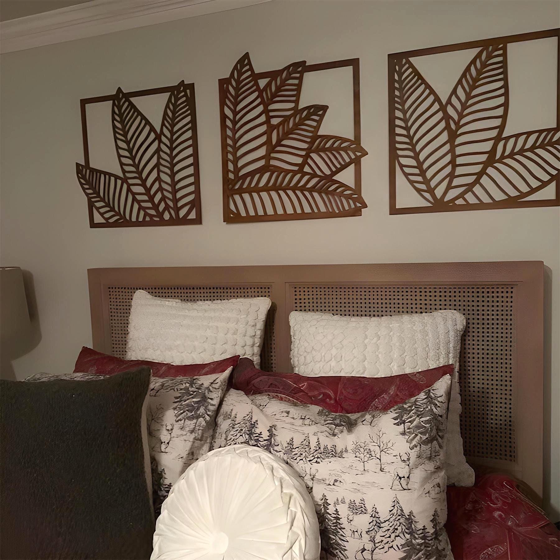 Palm leaf wall art, Leaves wall hanging, Banana leaf wall decor, Wood panel wall art, Set of 3 wall art nature, Boho leaf wall art