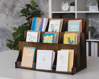 Displaystandaard voor wenskaarten, houten displaystandaard, ansichtkaartenrek, displayplank, wenskaarthouder, stickerstandaard, ansichtkaartstandaard