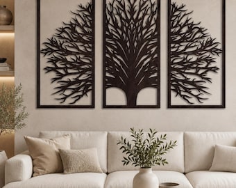 Tree Life Plywood Wall Art Set, Laser Cut Triptych Panels, Rustic Living Room Decor