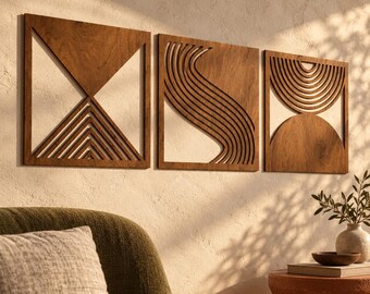 Mid Century Modern Wall Art Set of 3, Geometric Plywood Wall Decor, Retro Abstract Art