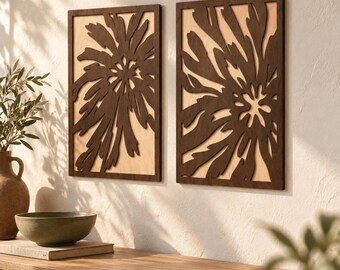Floral Plywood Wall Decor Set of 2, Layered Flower Wall Art, Botanical Home Decor, Modern Floral Wall Panels