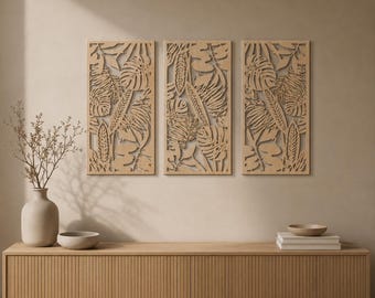 Monstera Wood Wall Art, Three Panel Tropical Leaf Decor, Natural Home Accent