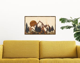 Mountain wood wall art, Mountain wood carving,Mountain wood wall decor,Wood wall art rustic,Wooden wall decor living room,Mountains wall art