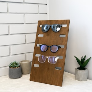 Wooden sunglass holder, Sunglasses stand, Eyeglass display shelf, Eyeglass storage shelf, Sunglasses rack stand, Sunglasses organizer