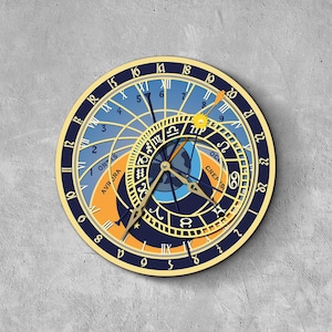 May include: A layered wall clock with a celestial design. The clock face features Roman numerals, zodiac symbols, and a sun icon. The color palette includes shades of blue, orange, and gold, creating a visually appealing and intricate design.